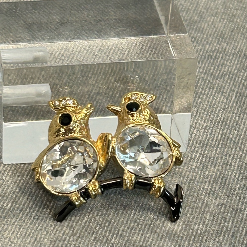 Two crystal rhinestone love birds on a branch brooch pin